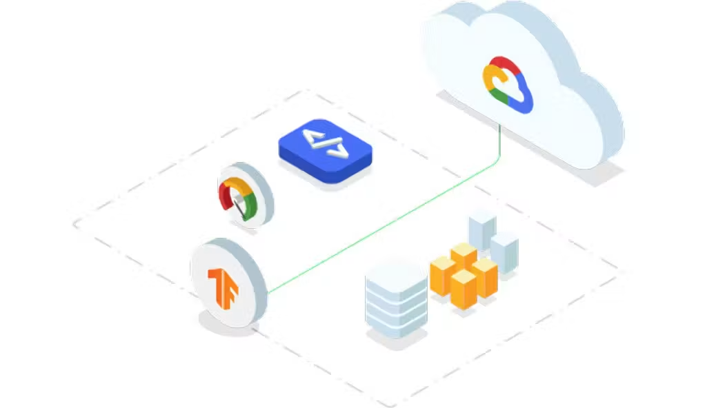 Illustration of TensorFlow Enterprise on Google Cloud: the TensorFlow logo connected to a Google Cloud cloud, alongside code, performance and data icons