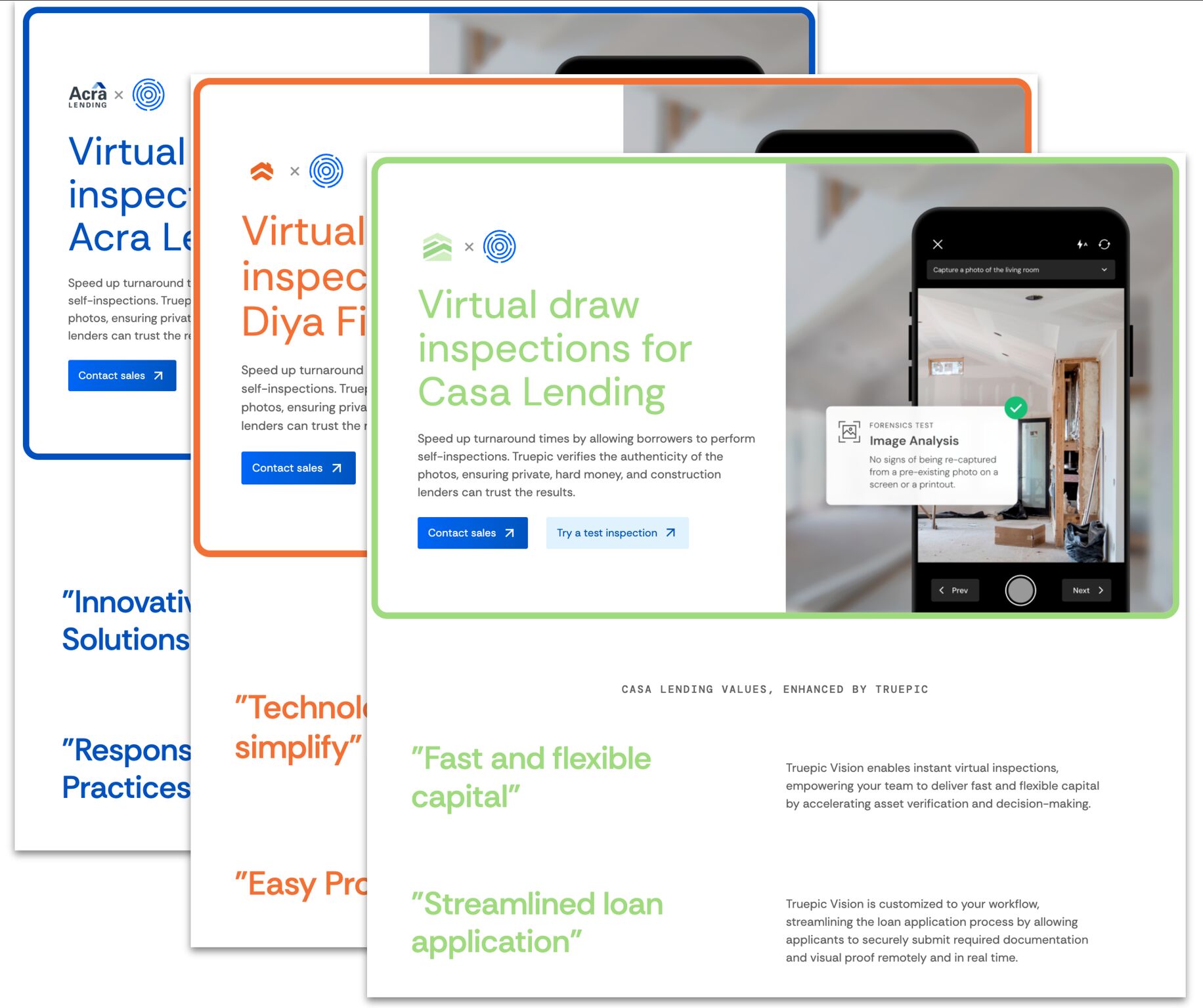Three custom AI-generated landing pages built at Truepic, one each for Acra Lending, Diya Financial, and Casa Lending, matching each account's own logo and colors