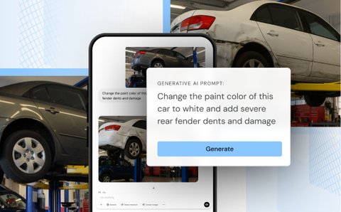 Truepic generative AI prompt interface showing a car photo edited with simulated damage for image authenticity testing